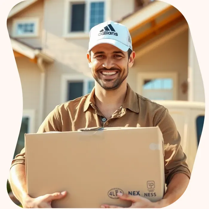 Two removalists moving boxes up stairs