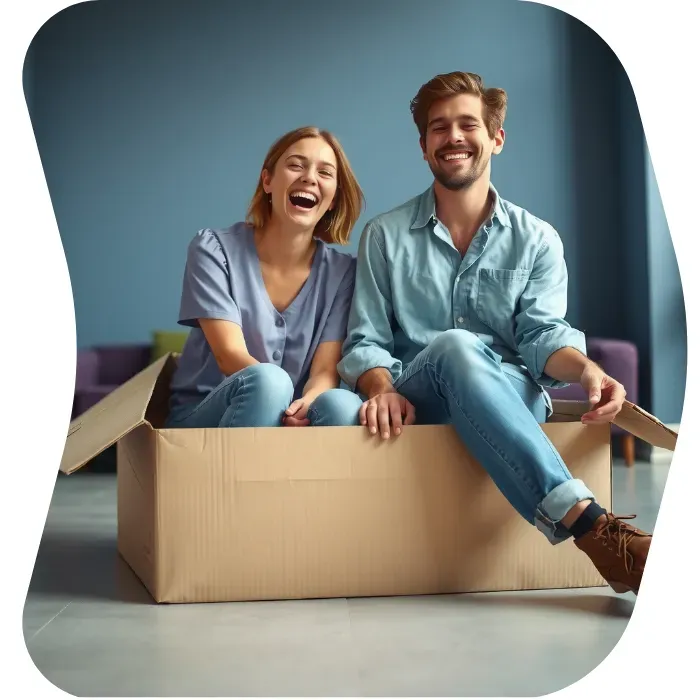 Two guys sitting on the floor of their apartment with Muval moving boxes